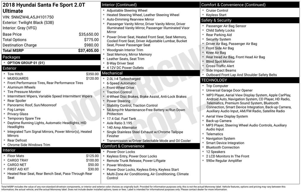 hyundai santa fe 2018 5NMZW4LA5JH101750 image hyundai santa fe 2018 5NMZW4LA5JH101750 image